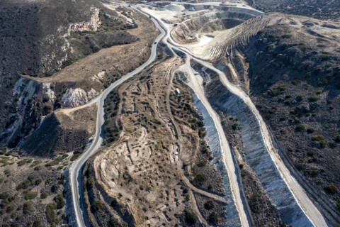 Mineral mining in the mountains near Apollonia, aerial view, Milos, Cyclades, Greece, Europe