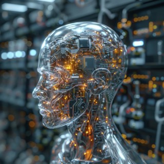 Medical a human head with brain and computer chip, symbol image KI in the human brain, ai