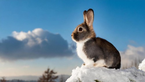 KI generated, A colourful dwarf rabbit in autumn, ice, snow, onset of winter, side view,