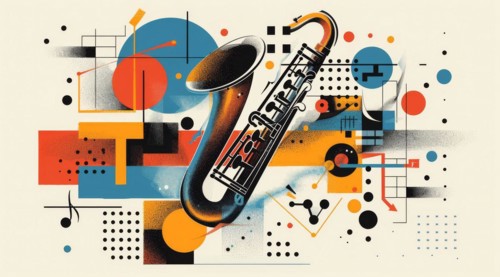 Abstract and geometric design centered around a saxophone with a modern flair, ai generated, AI