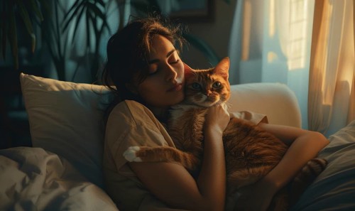 A woman cuddling with her cat on a bed in warm lighting AI generated