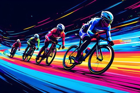 Cyclists in velodrome, neon color line art, AI generated