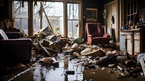 Interior of a flooded home furniture and personal items drenched, AI generated