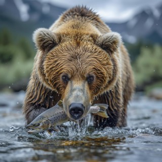 A brown bear hunts salmon in shallow clear water, AI generated