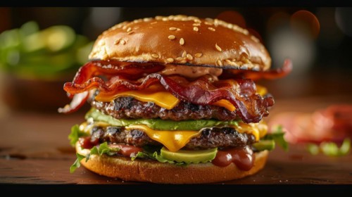 Gourmet triple cheeseburger with bacon, cheese, avocado, and lettuce on a sesame bun, ai generated,