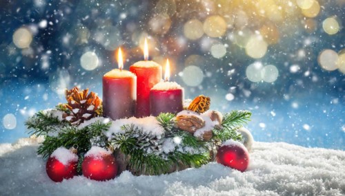 Ai generated, Advent wreath with burning candles, Christmas time, Christmas decoration, 3rd Advent,