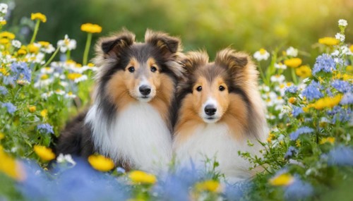 KI generated, Two long-haired collies lying in a colourful flower meadow, (Canis lupus familiaris),