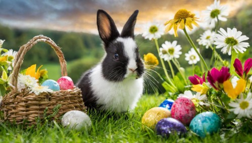 Ai generated, An Easter basket with coloured eggs in a meadow with colourful flowers, in the basket