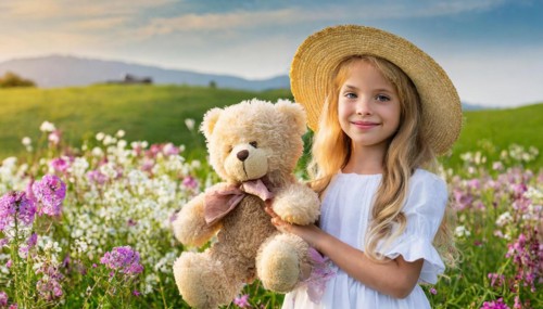 Ai generated, A blonde girl, 8 years old, enjoys the summer in a meadow with lots of flowers and is