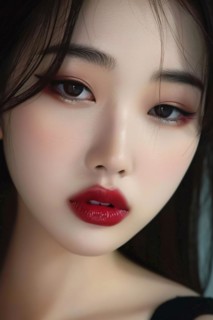 Portrait of beautiful young Asian woman with dark long hair, pale skin and red overdrawn lips. KI