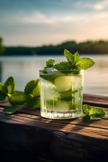 Classic mojito with fresh mint leaves resting on a weathered wooden dock calm lake waters