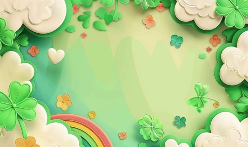 A cheerful scene with a pastel rainbow, clouds, hearts, and shamrocks AI generated