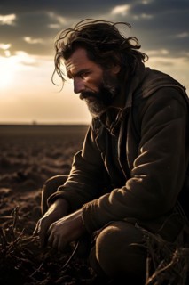 Desolate fields of withered crops clutching at arid earth a forlorn farmer surveys the devastation,