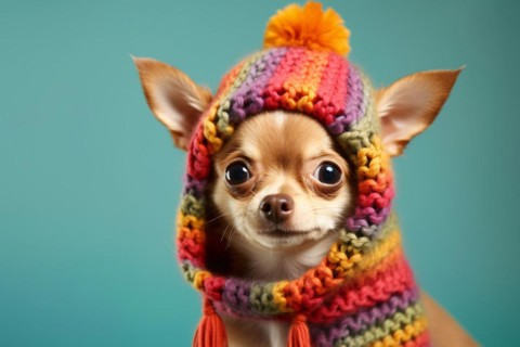 Cute small Chihuahua dog with colorful knitted winter hat in front of blue studio background, AI