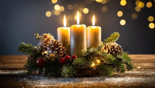 Ai generated, Advent wreath with burning candles, Christmas time, Christmas decoration, 3rd Advent,