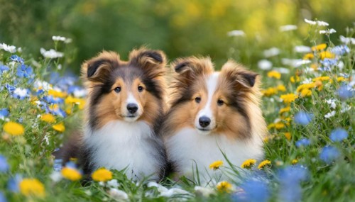 KI generated, Two long-haired collies lying in a colourful flower meadow, (Canis lupus familiaris),