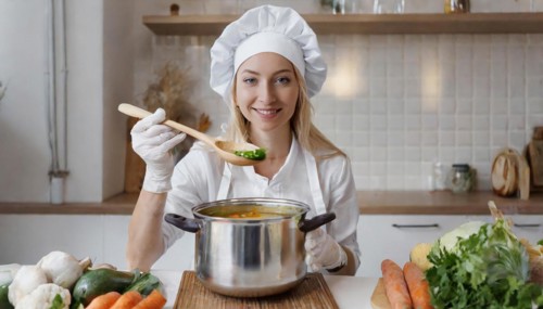 AI generated, An attractive blonde cook in the kitchen of a hotel tastes a vegetable soup