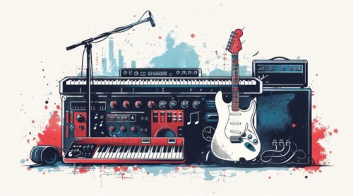 Stylized depiction of a musical studio setup with instruments and equipment, ai generated, AI