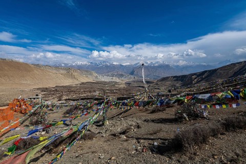 Praying flags, Ghar Gumba monastery, Kingdom of Mustang, Nepal, Asia