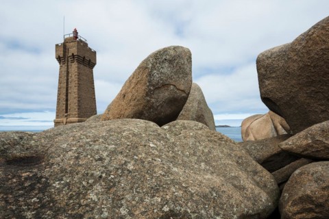 Lighthouse and granite rock, Phare de Ploumanac'h, Phare de Mean Ruz, Cote de Granit Rose,