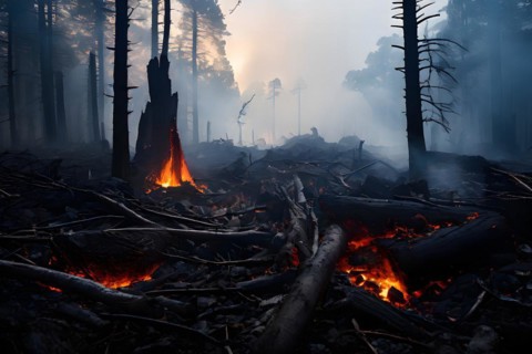 Charred tree trunks standing amidst the ashes, AI generated