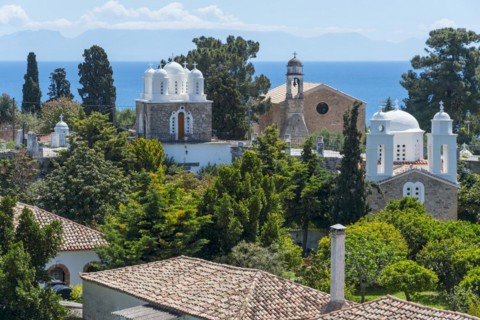 View of a town with churches and sea in the background, Nunnery, Holy Monastery of Timi Prodromos,