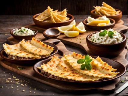 Rustic wooden table laden with Maultaschen, AI generated, AI generated