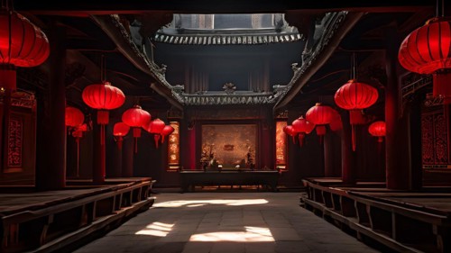 Shaolin temple interior with red lanterns, AI generated