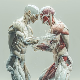 Two skeletons with muscle representation face each other in a confrontation pose, AI generated, AI