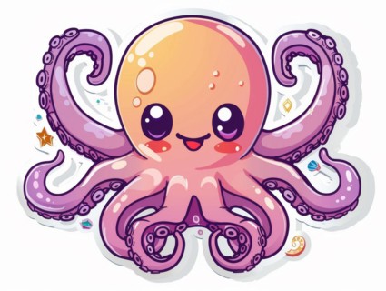 A smiling, purple cartoon octopus with cute eyes and decorated tentacles, ai generated, AI
