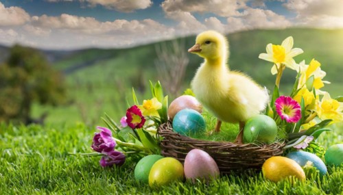 Ai generated, An Easter basket with coloured eggs in a meadow with colourful flowers, in the basket