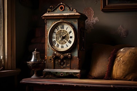 Vintage cuckoo clock peeling paint rusty textures testament to its history and character, AI