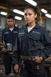 A serious mechanic woman in a workshop wears overalls and a tool belt, AI generated