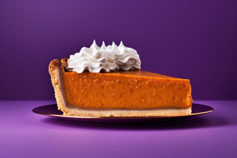 Single slice of orange pumpkin pie with cream in front of purple background. KI generiert,