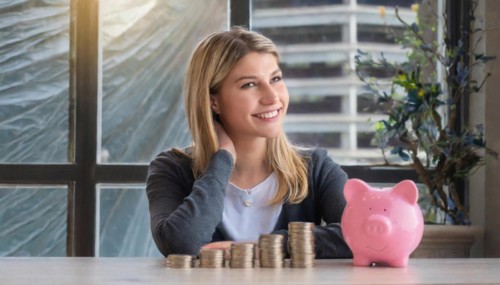 AI generated, A young woman, 20, 25, years, saves money and coins for the future, provision, nest