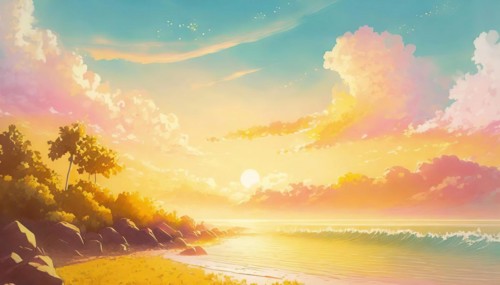 Summertime seaside pastel colors illustration. Summer sunset scene on a tropical beach. Sea holiday