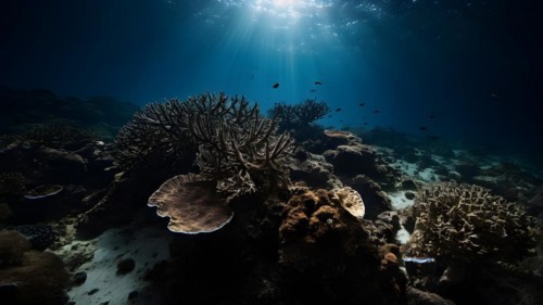 Dead coral reef moonlit shadows playing across skeletal remains visual narrative of marine