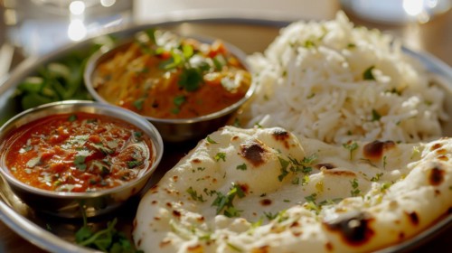 A sunlit Indian thali featuring curry, rice and naan bread for a fresh lunch, ai generated, AI
