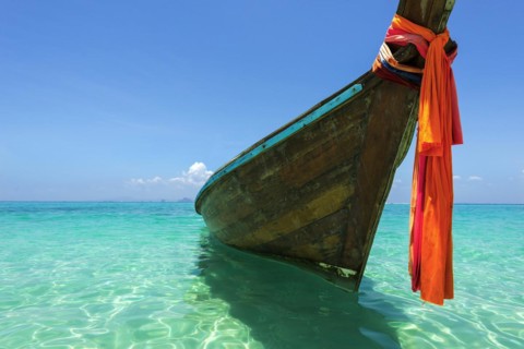 Longtail boat, fishing boat, wooden boat, decorated, tradition, traditional, faith, cloth,