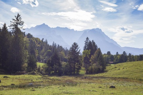 Wetterstein mountains with Alpspitze and Zugspitze massif seen from the Philosophenweg, autumn,