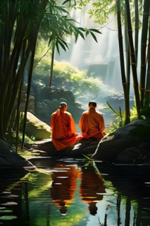Shaolin monks clad in traditional orange robes engaged in silent tea ceremony rituals, AI generated