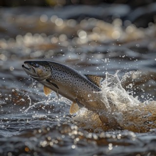 Salmon (Salmo salar) on the migration and swim up a stream in shallow, clear water, ai generiert,