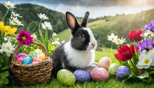 Ai generated, An Easter basket with coloured eggs in a meadow with colourful flowers, in the basket