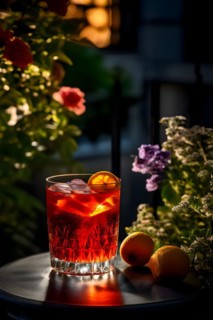 Classic negroni with precise proportions of gin vermouth campari on balcony rail serene garden, AI