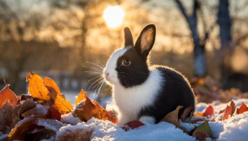 KI generated, A black and white dwarf rabbit in a meadow with autumn leaves, onset of winter, ice,