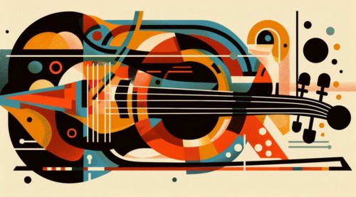 A geometric and colorful abstract portrayal of a cello highlighted with orange and blue, ai