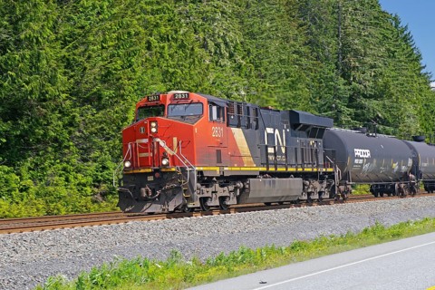 Locomotive and some wagons of the CN Railway, Yellowhead Highway, British Columbia, Canada, North