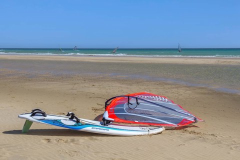 Surfboard and surfer, Playa de Sotavento, Costa Calma, Fuerteventura, Canary Island, Spain, Europe