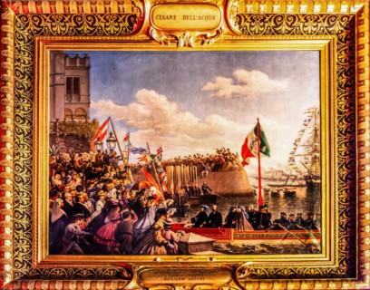 Elisabeth is received by Charlotte, paintings in the historic hall, interior in neo-renaissance,