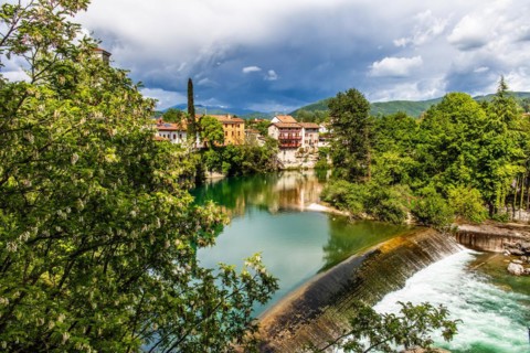 View from the 15th century Ponte del Diavolo leading over the Natisone river into the historic